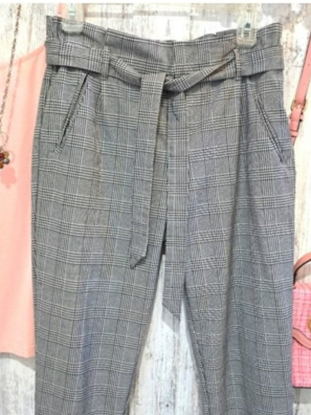 Zara Women's Plaid Trousers Dress Pants Size Small Black White Pull On Cuffs